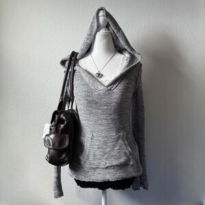 y2k grey crochet knit hooded pullover sweater